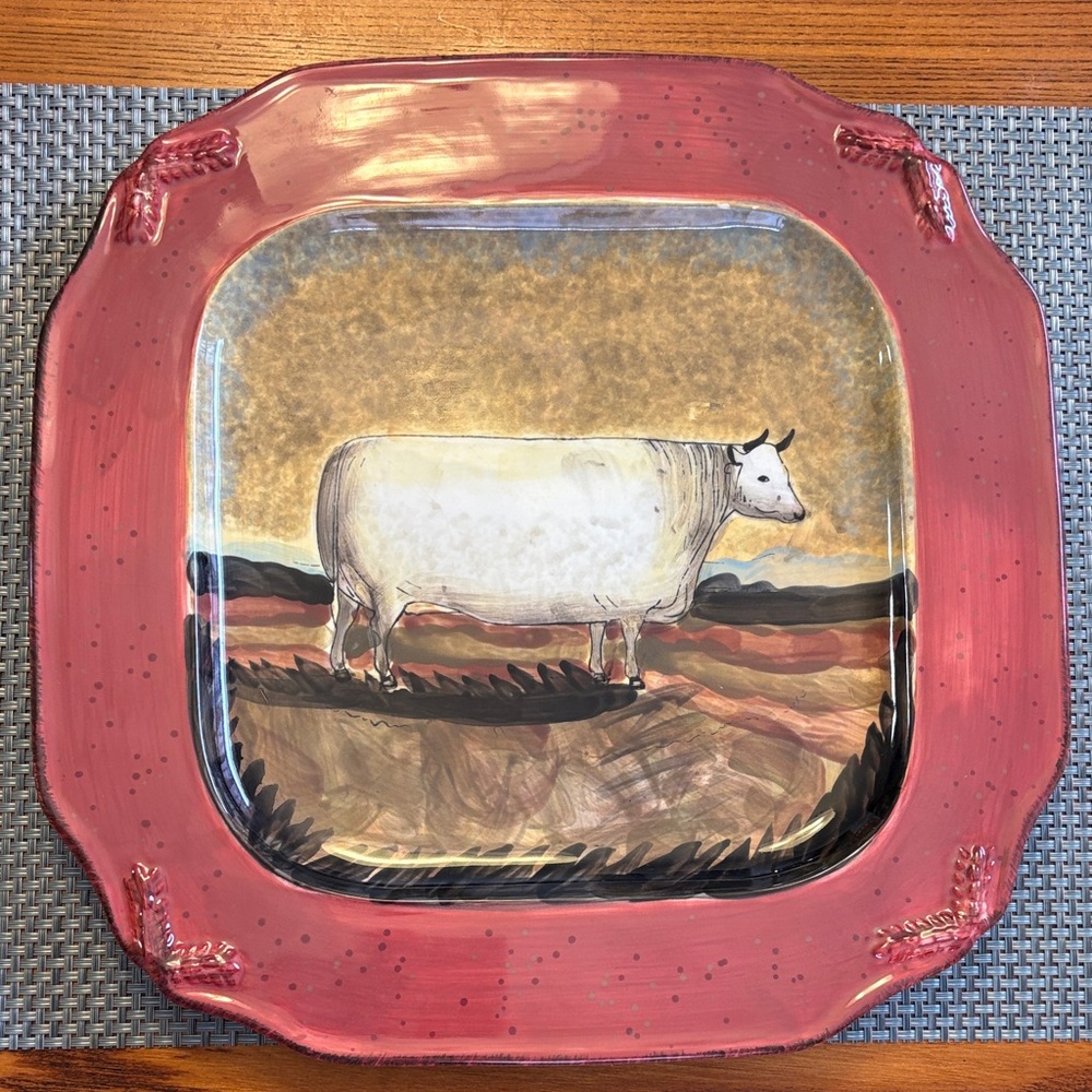Raymond Waites White Square Platter with Red Trim and Bull